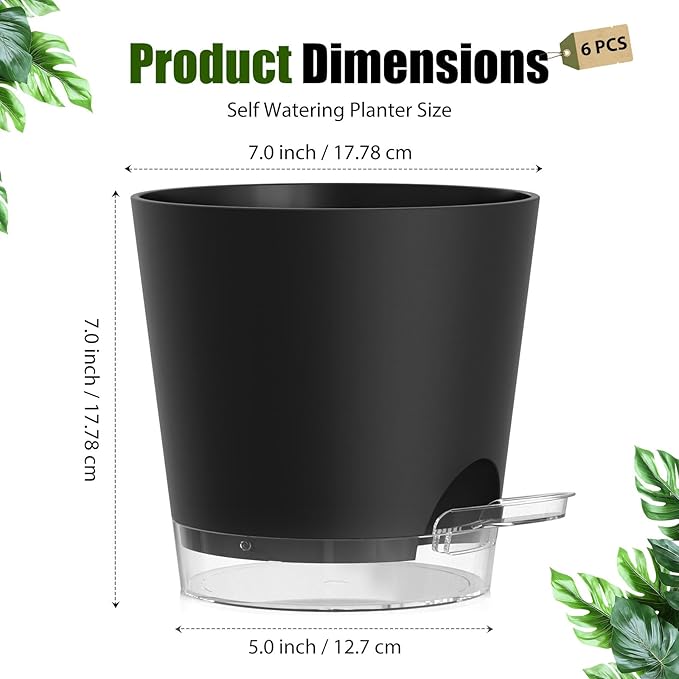 Plant Pots 7 Inch Self Watering Pots, 6 Pack Plastic Planters with Drainage Holes and Clear Saucers,Plastic Flower Pots for Indoor Out Door Plants (Black) SQKH