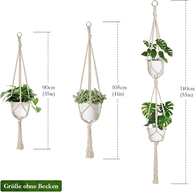 5 Pack Macrame Plant Hangers, Indoor Hanging Plant Holder with S Hooks and Hook Nails, 3 Sizes 34"/40"/54", Handmade Macrame Planter Hanging Baskets for Small Plant Pots, Boho Home Decor (Beige) Auckpure