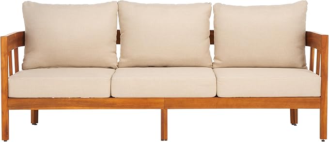 SAFAVIEH Outdoor Collection Owen Acacia Solid Wood Natural/Taupe Cushion 3-Seater Sofa SAFAVIEH