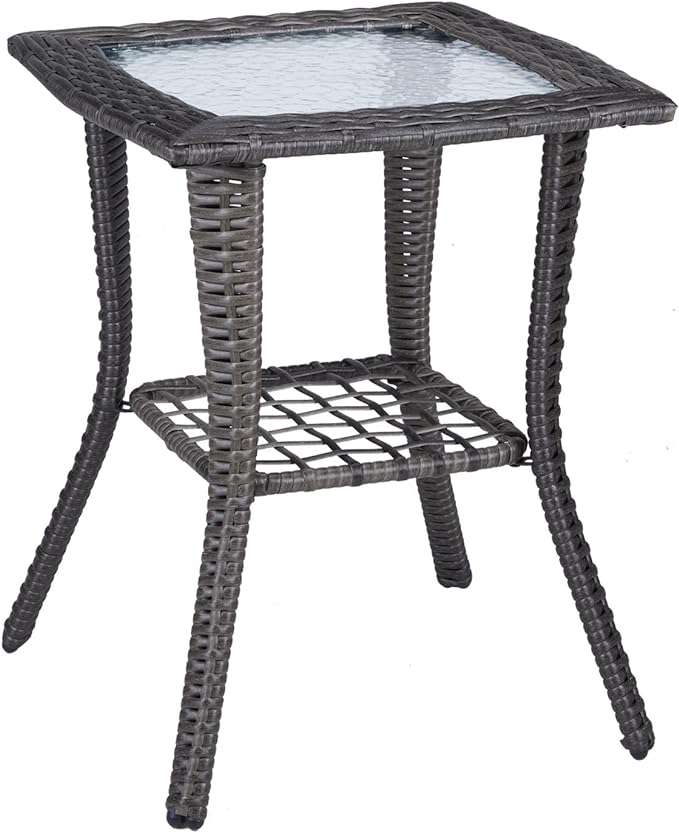 VINGLI Outdoor Side Table with Storage Wicker Patio Side Table, Tempered Glass Top End Table for Balcony Porch Deck (Grey) VINGLI