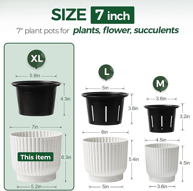T4U 7 Inch Self Watering Pots for Indoor Plants, 4 Pack Plant Pots, Self Watering Planter for Indoor Plants, Durable Plastic Pots (4 Pack, 7", White) T4U
