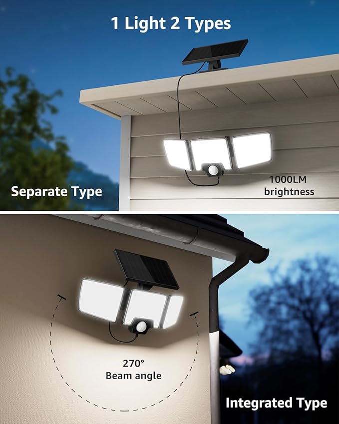 Lepro Solar Security Lights Outdoor Motion Sensor, 2 in 1 Separated and Integrated Remote Control IP65 Waterproof Solar Lights with 2 Light Modes, 3 Heads Floodlight for Garden Yard Garage Lepro