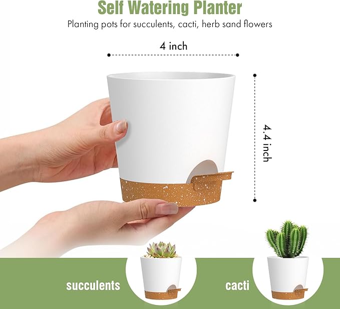 4 inch Self Watering Pots for Indoor Outdoor Plants, 6 Pack Plastic Flower Planters with Drainage Holes and Removable Saucers, Plant Pots with Wicking Rope, Modern Decor, White Brown WSMKSZ