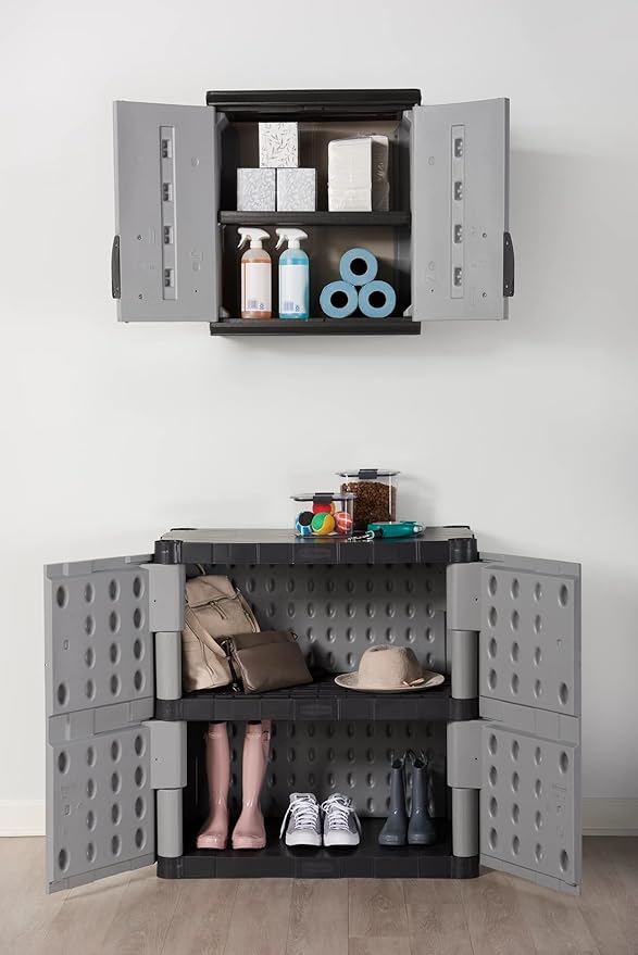 Rubbermaid Freestanding Storage Cabinet with Doors 18"D x 36"W x 37"H Medium Gray/Black Two-Shelf Lockable Cabinet for Indoor/Outdoor/Garage Storage for Garden Tools/Lawn Care Accessories Rubbermaid