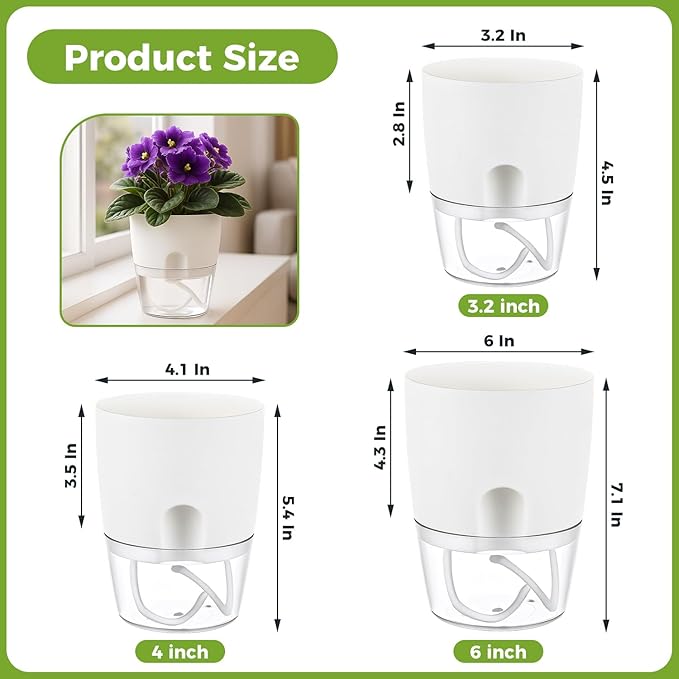6 Pack Self Watering Pots for Indoor Plants, PlanterHoma 3.2/4/6 Inch Plant Pot Plastic Self Watering Planter for Orchid, African Violet, Small Clear Flower Pots with Drainage Holes and Wicking, White Planterhoma