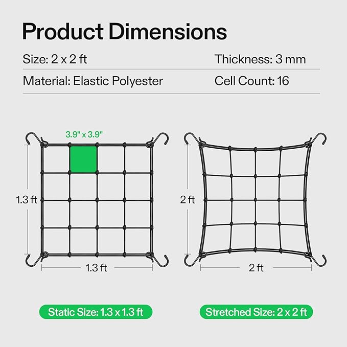 VIVOSUN 2 x 2Ft. Elastic Trellis Netting with 4 Hooks for Climbing Plants, Vegetables, Fruits, and Flowers, 2-Pack VIVOSUN