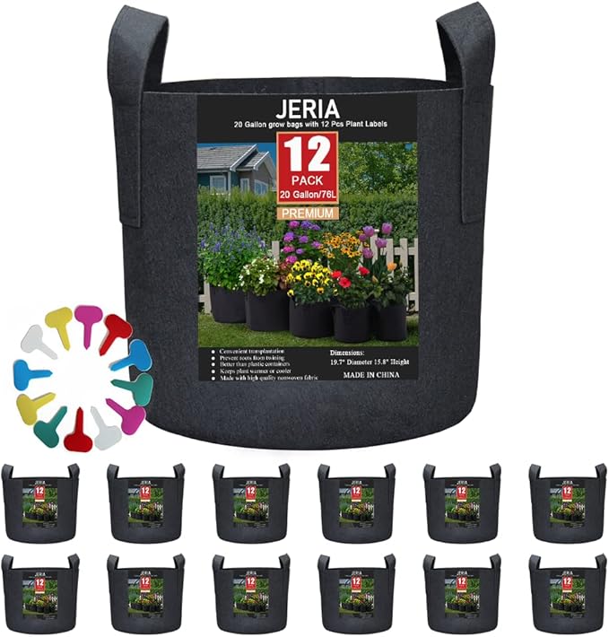 JERIA 12-Pack 20 Gallon Grow Bags, 300G Thickened Nonwoven Garden Pots,Heavy Duty Fabric Pots with Reinforced Handles JERIA