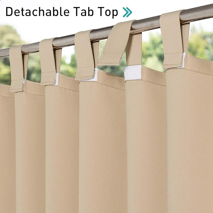 NICETOWN 2 Panels Outdoor Curtainss for Patio Waterproof, Detachable Tab Top Self-Stick Light Blocking Privacy Protect Outdoor Blinds for Pavilion/Indoor Outdoor Dividers, W84 x L84, Biscotti Beige NICETOWN