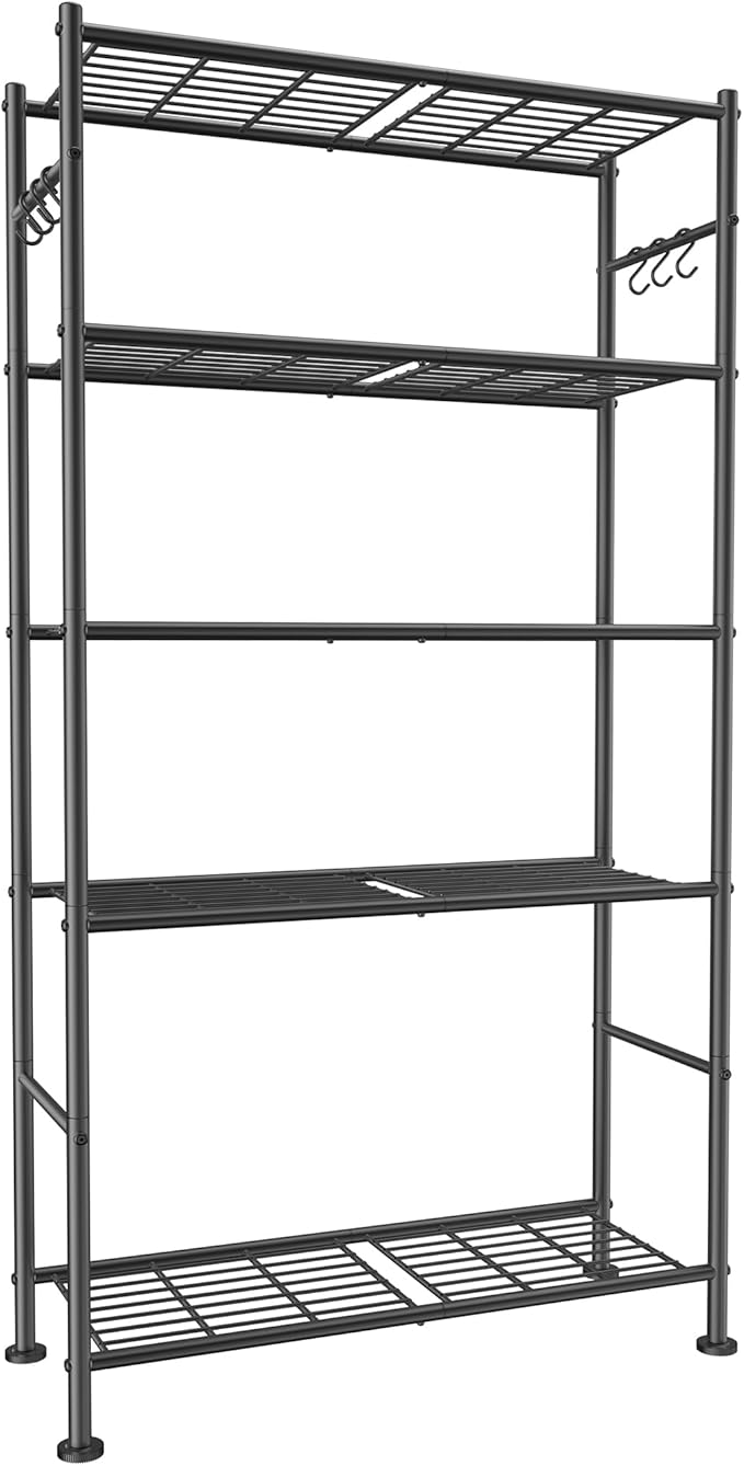 Storage Shelves - 5-Tier Large Capacity Shelf Organizer with Hooks, Heavy-Duty Garage Shelving with Leveling Feet, Wobble-Free Rack for Bedroom, Balcony, Garage, 32.1"×12.4"×71.4", Black Sakugi