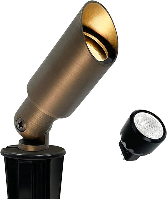 GKOLED Mini Size Brass Landscape Spotlight, Low Voltage 12V AC/DC Outdoor Directional Up Light, 180 LM, 3W MR8 LED Bulb ABS Ground Stake, 2700K Warm White, Garden Patio Trees Spot Uplight GKOLED