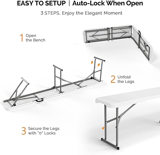 VINGLI 6 feet Plastic Folding Bench,Portable in/Outdoor Picnic Party Camping Dining Seat, Garden Soccer Multipurpose Entertaining Activities, Smooth HDPE Tabletop, 1 Pack, White VINGLI