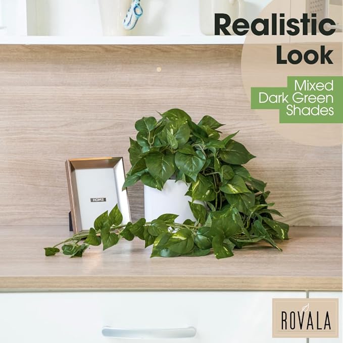 MY ROVALA Silk Plants for Home Decor Indoor in Pot Realistic Artificial Plants Hanging Faux Plants Indoor Fake Potted Plants for Shelves Bedroom Bathroom Trailing Plant, Fake Pothos Ivy (Dark Green) ROVALA
