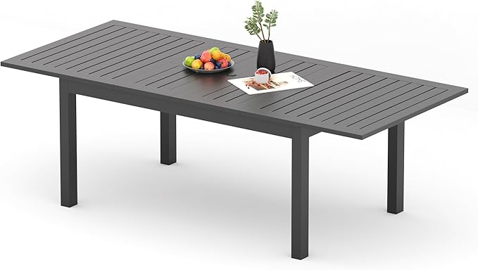 Expandable Aluminum Outdoor Dining Table, 3-Adjustable Lengths Patio Dining Table for 6-10 Person, 91.7" L x 33.5" W Metal Patio Table with Umbrella Hole Adjustable Feet for Garden Porch Deck, Grey Bringyoubetterlife