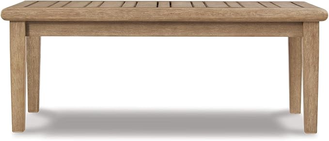 Signature Design by Ashley Gerianne Contemporary Outdoor Rectangular Cocktail Table, Slatted Top Sheds Rainwater, Eucalyptus Wood, 50" W x 26" D x 18.63" H, Beige SignatureDesignbyAshley