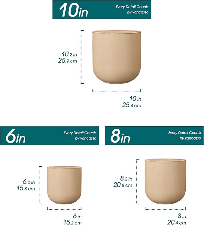 vancasso 6+8+10 inches Ceramic Plant Pots, Set of 3, Planters with Drainage Hole, Flower Pots Planters Pots for Indoor Plants, Modern Indoor Decorative Garden Pot, Home Decor, Brown vancasso