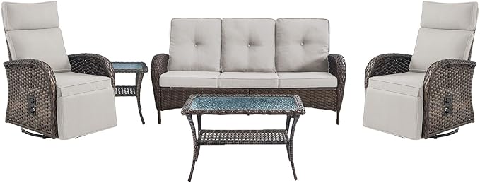 5 Piece Patio Furniture Set with Swivel Recliner Chair - Removable Outdoor Patio Couch Set, Chaise Lounge Chair Outdoor with Adjustable Backrest and Footrest and Coffee Table for Casual Gathering Belord