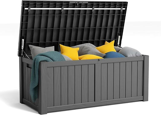 120 Gallon Resin Deck Box, Lockable Patio Outdoor Storage Box for Furniture, Garden Tools and Tools Storage, Waterproof Outside Storage Boxes - Black OutdoorLivingPerfected