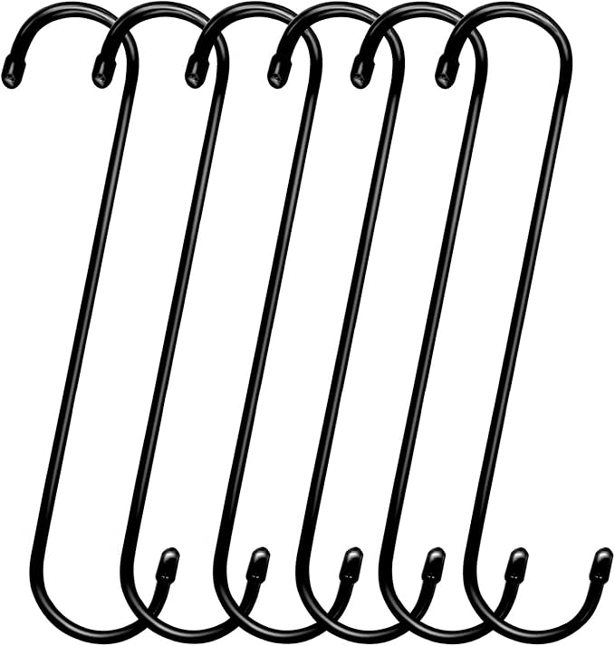 6 Pack 12 inch Extra Large S Hooks Black Heavy Duty Long S Hooks for Hanging Plant Extension Hooks for Kitchenware,Utensils,Pergola,Closet,Flower Basket,Garden,Patio,Indoor Outdoor Uses ESFUN