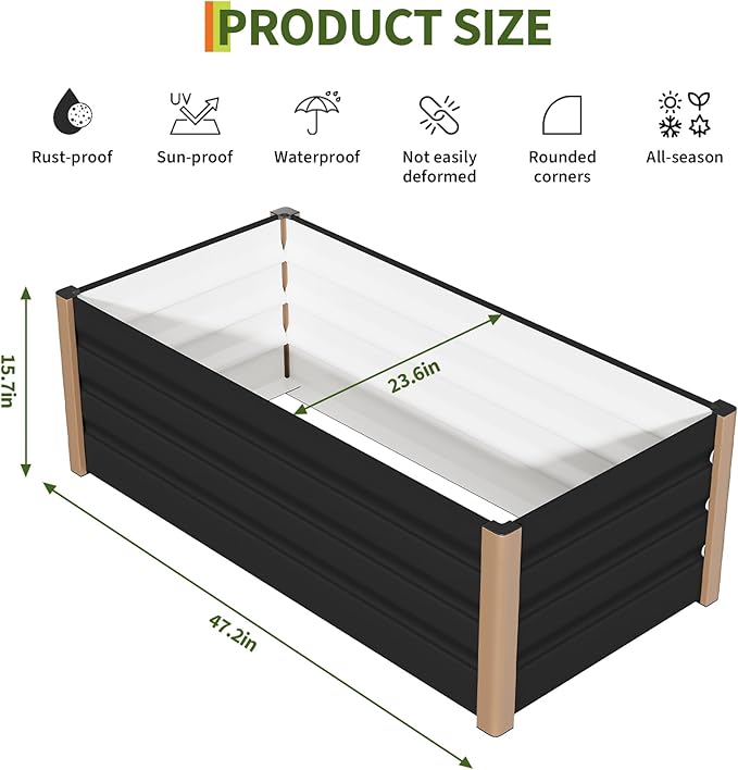 Garvee Aluminum Raised Garden Bed 4' x 2' x 16", Open-Bottom Deep Design with Rounded Safety Corners & Anti-Cut Trim, Large Outdoor Planter Box Kit, Gray Garvee