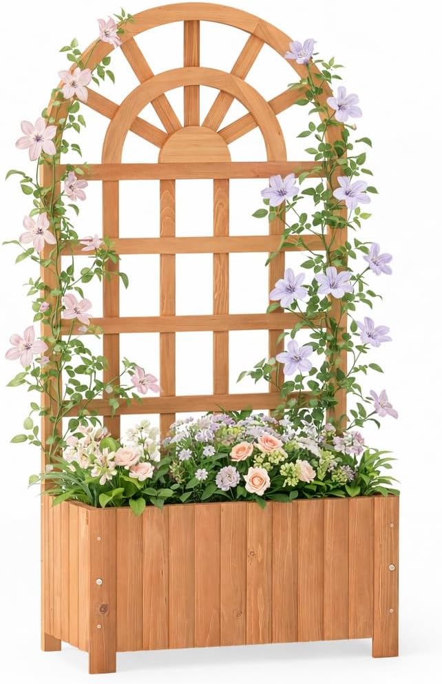 Giantex Wooden Raised Garden Bed with Arched Trellis Set 2, 48” Fir Wood Outdoor Elevated Planter Box Privacy Screen w/Drainage Hole, Vertical Garden Bed for Climbing Plants, Patio Balcony Backyard Giantex