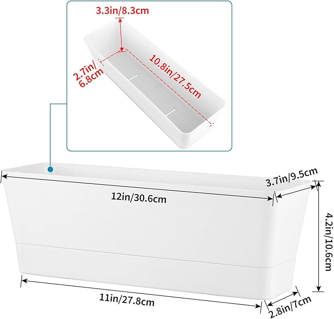 Window Box Planter with Tray, 12" Rectangle Plant Pot, Pack of 3 (White) Sanbege