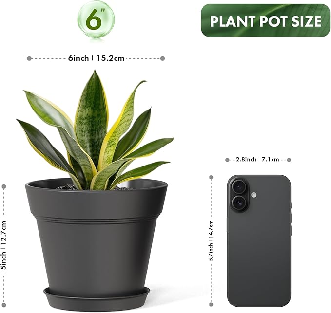 6 Inch Thick Plastic Plant Pots with Drainage Holes and Trays – 6 Pack Nursery Pots for Indoor & Outdoor House Plants, Seedling Starter Planters for Garden Flowers, Matte Black WSMKSZ