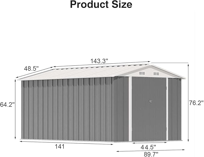 Patiowell 12 x 8 FT Outdoor Storage Shed, Steel Shed Storage House with Design of Lockable Doors, Utility and Tool Storage for Garden, Patio, Backyard, Outside use, Gray Patiowell