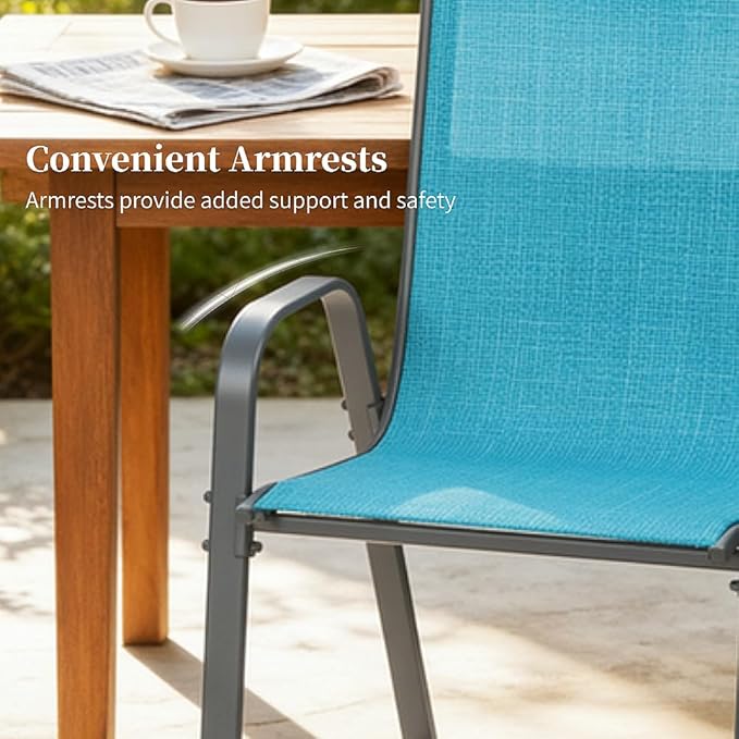 MAMIZO Patio Dining Chairs, Stackable All Weather Teslin Chair, Heavy Duty Outdoor Breathable Chairs Set, w/Armrests, Upgraded Chair FeetW/Strenthened Iron Spacers, 330 LBS (4, Turquoise Blue) MAMIZO