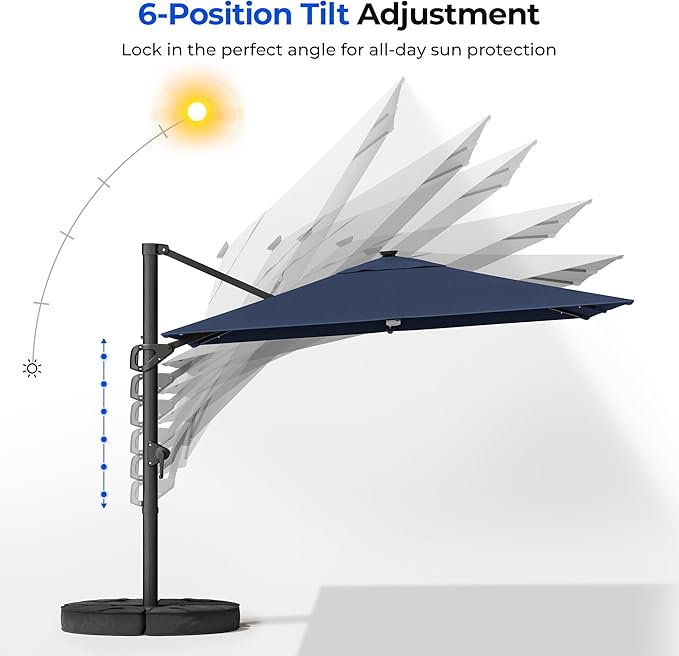 HOMSHADE 10 ft Square Cantilever Patio Umbrella with Base Included, Solar Lights Large Umbrella Outdoor Patio with 360°Rotation&Tilting, LED Lighted Offset Umbrellas w/Stand for Pool Deck HOMSHADE