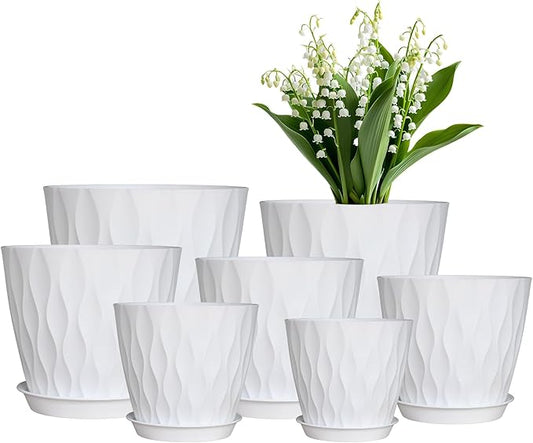 Flower Pots, 7/6.5/6/5.5/5/4.5/4 inch Plastic Plant Pots, 7 Pack Planter for Indoor Outdoor Plants, Nursery Planting Pot with Drainage Holes and Trays (White) LesOasis