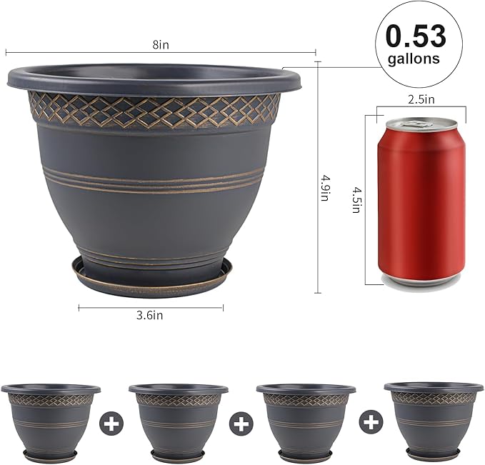 6 Pack 8 Inch Plant Pots, Plastic Flower Pot for Indoor & Outdoor with Drainage Holes & Saucer, Plaid Pattern Planters Garden Pots for Herbs Usocik