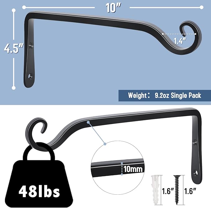 FEED GARDEN Wall Hook Hanging Plant Bracket 10 Inch 2 Pack, Hand-Forged Plant Hanger for Hanging Bird Feeders, Wind Chimes, Flower Baskets, Yoga Mat, Indoor/Outdoor Use, Black FEEDGARDEN