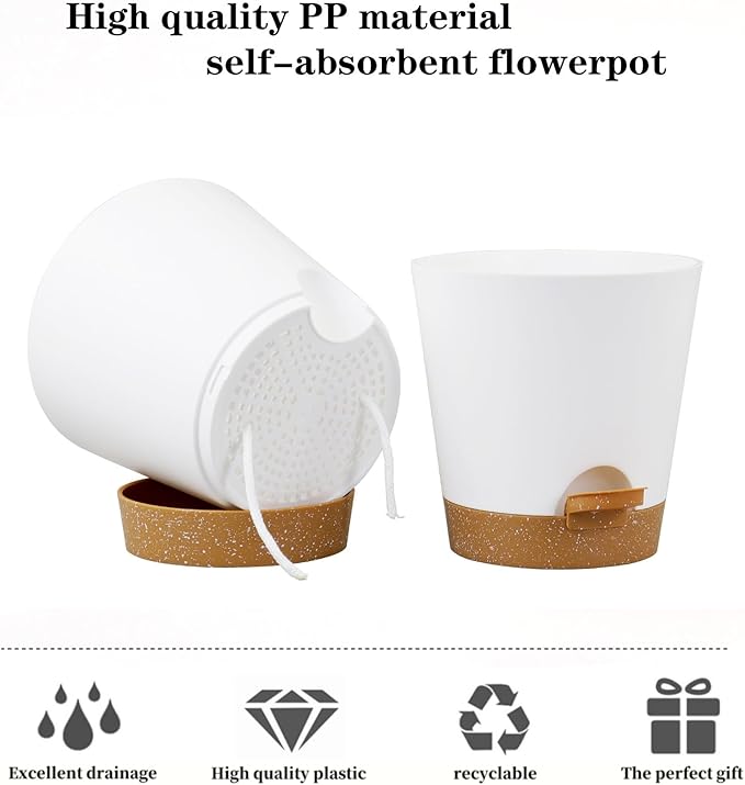 5 Pack 5 inch Self-Watering Pots, African Violets Planter with Drainage Holes and Reservoir, White Brown Plastic Planter for Indoor Outdoor Plants Flowers and Houseplants White Brown, 5 inch 5 pcs zople