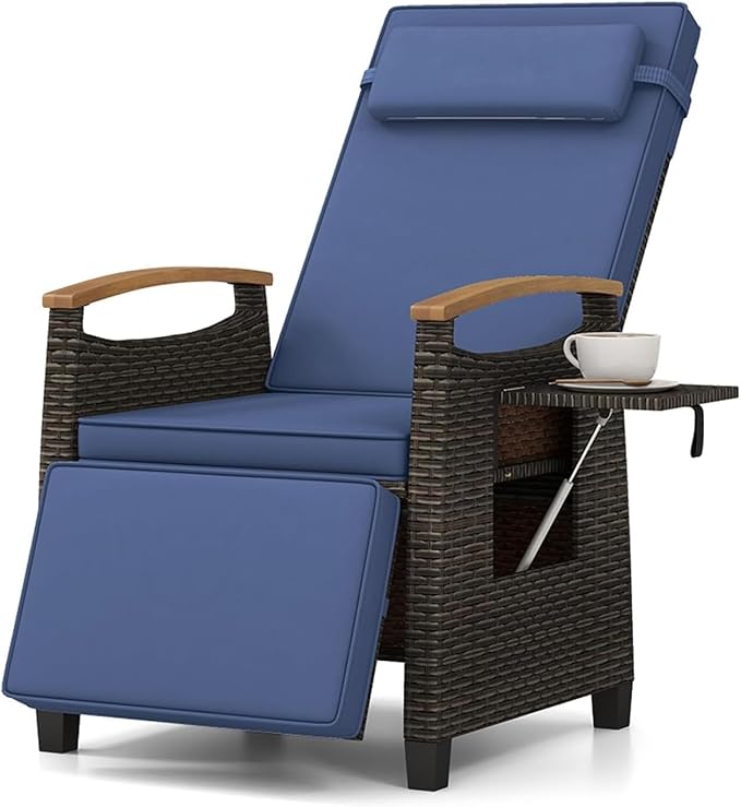 RELAX4LIFE Rattan Outdoor Recliner Chair - Wicker Chaise Lounge Chair w/Adjustable Back & Footrest, Acacia Wood Armrests, Flip Side Table, Cushion, Reclining Patio Chair for Pool Yard (1, Navy) RELAX4LIFE