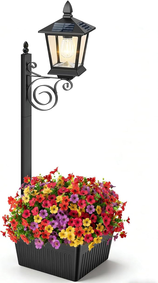 2 in 1 Outdoor Flower Pots, 35” Solar Lamp Post Light with Planter, Metal Pole & IP65 Waterproof, Freestanding Outdoor Planters, Decorative Solar Lamp for Outside, Front Door, Yard, 1-Pack TOWPONICS