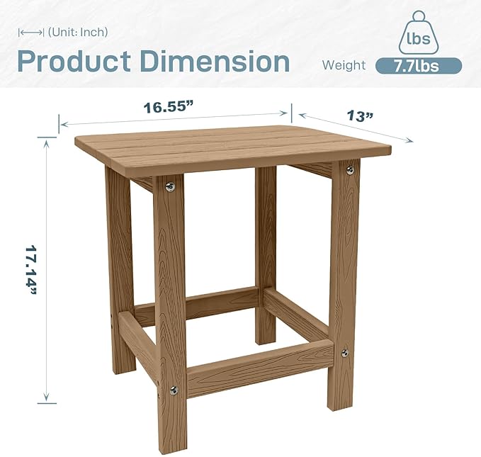 Outdoor Side Table, HDPS Single Adirondack Side Table Weather Resistant, Table for Adirondack Chair, Outside End Table for Patio, Pool, Deck, Porch, Outdoor or Indoor Use,Teak Meluvici