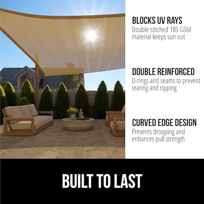 GORILLA GRIP Heavy Duty Sun Shade, UV Protection Fade Tear and Rust Resistant Rectangle Sunshade Canopy, Curved Edges Blocks Sunlight, Breathable Sail, Outdoor Patio, Lawn Garden, 6x10 FT Sand GorillaGrip