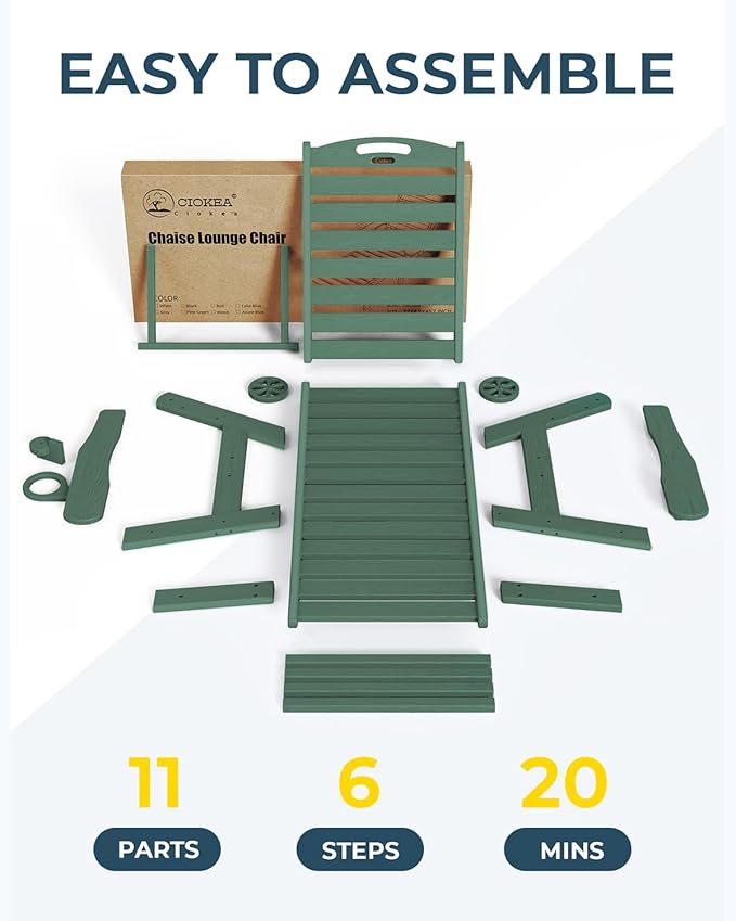 Outdoor Lounge Chair Set of 4, All Weather Patio Chaise Lounge Chair for Outside, HDPE Chair with Rolling Wheels & Cup Holder, 5 Position, Deck, Pool, Green CIOKEA