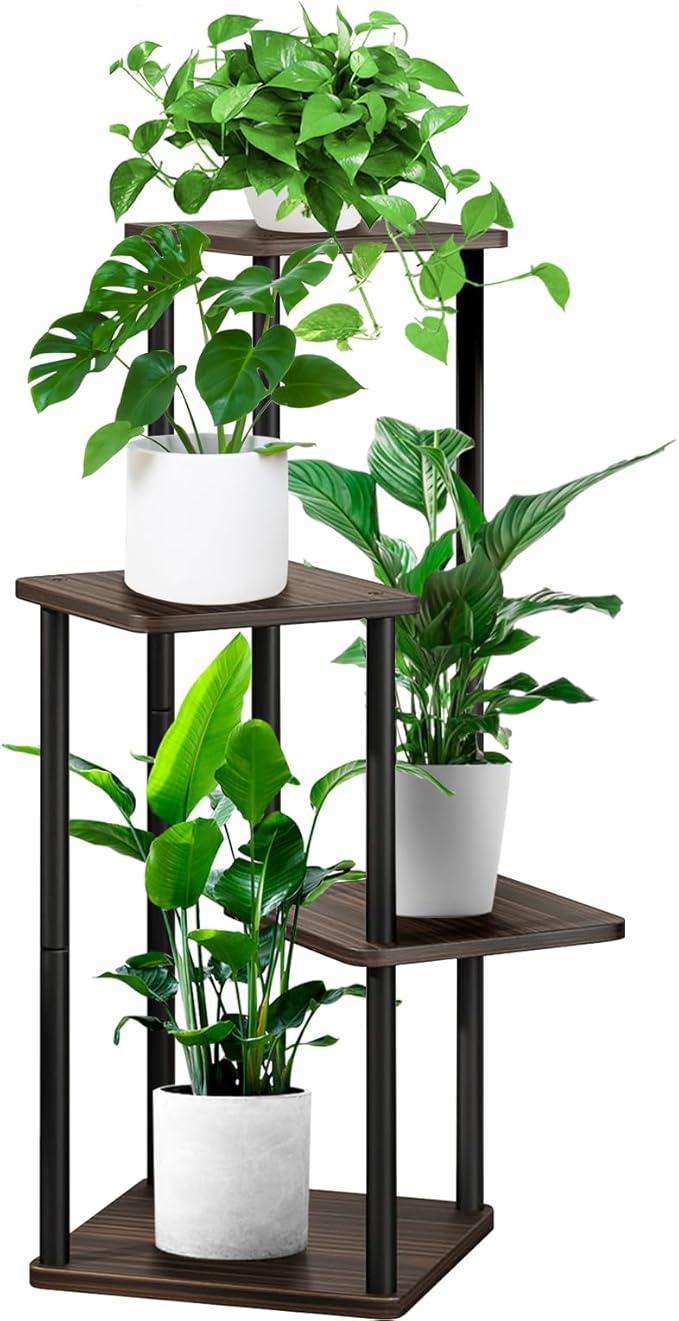 4 Tier Plant Stand Indoor, Thickened Metal Wood Corner Plant Shelf Stands for Multiple Plants, Indoor Tall Plants Stand Tiered Flower Holder for Living Room Patio Garden Balcony(Black+Oak) YOCOMEY