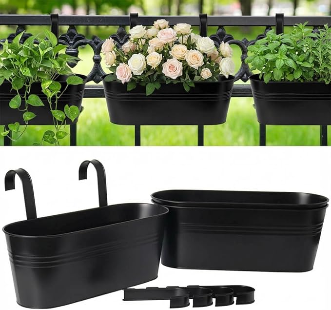 vensovo 16 Inch Railing Planter for Outdoor Plants - 3 Pack Large Metal Balcony Hanging Planters with Detachable Hooks and Drain Holes Oval Box Rail Pots for Home Garden Fence, Black vensovo