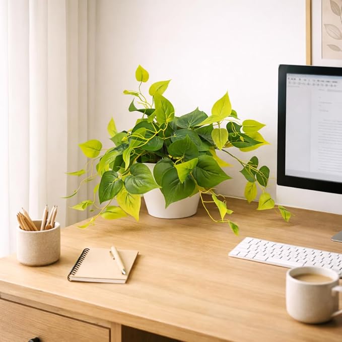 alyptus Fake Pothos Hanging Plants – Set of 2 Faux Ivy Vines Realistic Silk Devil’s Ivy for Indoor Décor, Low Maintenance Artificial Greenery for Home Bathroom or Office - Green with White Pots ALYPTUS