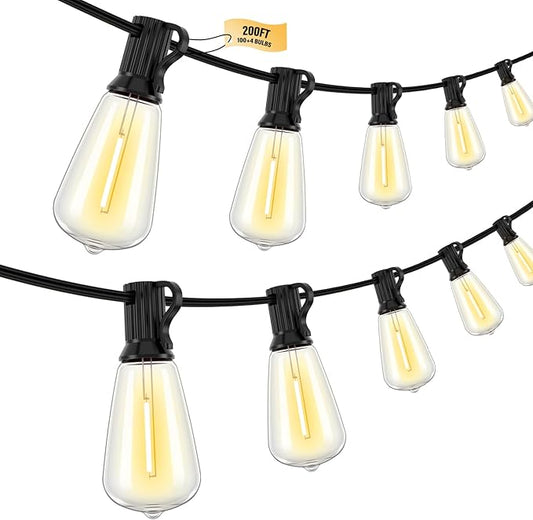 200FT LED Outdoor String Lights, 2700K LED Patio Lights Outdoor Waterproof with 100+4 Shatterproof Vintage Bulbs, Plug in Hanging Light for Porch, Backyard, Garden, Gazebo Doukedge
