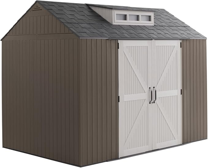 Rubbermaid Extra Large Resin Outdoor Storage Shed With Floor (7 x 10.5 Ft.) Weather Resistant Brown Organization for Home/Lawn Mower/Backyard Equipment/Bike Storage/Pool Supplies Rubbermaid