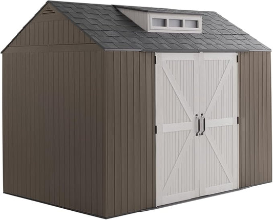 Rubbermaid Extra Large Resin Outdoor Storage Shed With Floor (7 x 10.5 Ft.) Weather Resistant Brown Organization for Home/Lawn Mower/Backyard Equipment/Bike Storage/Pool Supplies Rubbermaid