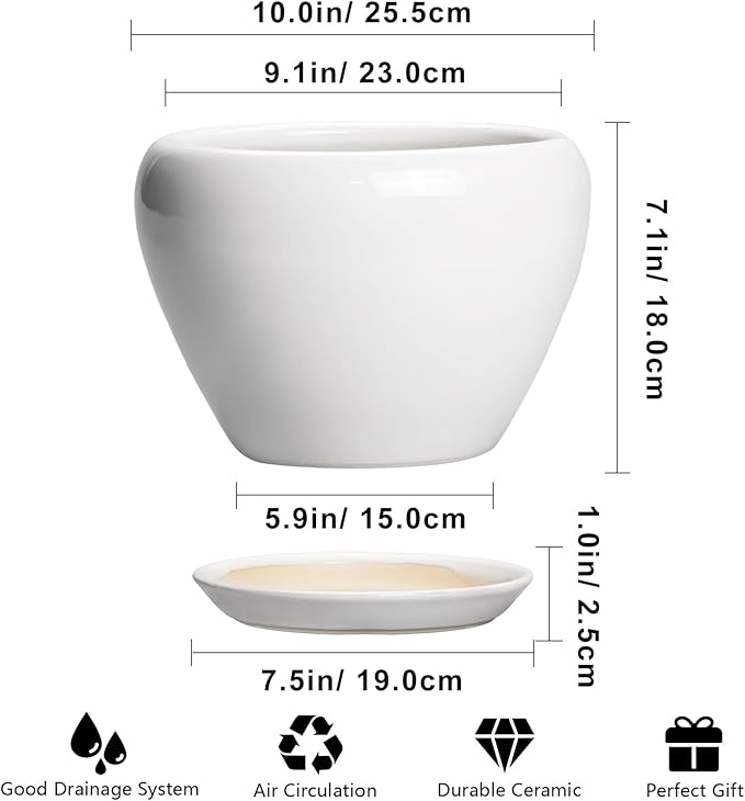 Ceramic Pot for Plants - 10 Inch Planter with Drainage Hole and Saucer, Glaze Modern Round Flower Pot for Indoor Plants, Housewarming Gift, Home Decor, White Ceramicfor