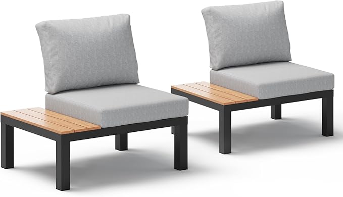 Aluminum Outdoor Patio Sofa Set, 2 Seats Modular Sectional Sofa with Side Table, Thick & Removable Cushions, All-Weather Outdoor Conversation Sets for Garden & Yard, Gray Oasbira