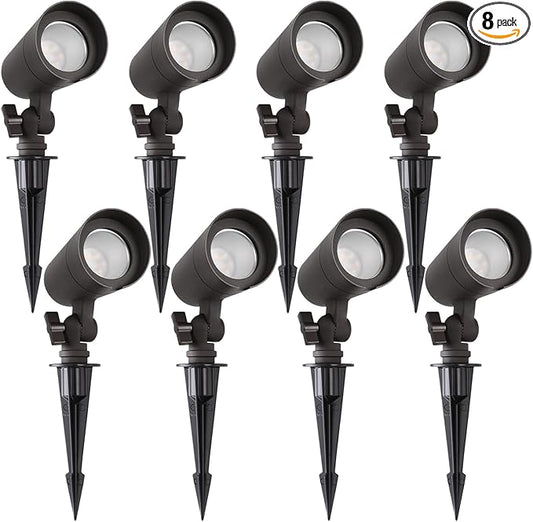 3CCT LED Landscape Lights with Connectors, 12V Low Voltage, 3000K/4000K/5000K Selectable, 3W, 200LM, Outdoor Waterproof Garden Pathway Lights Wall Tree Flag Spotlights with Spike Stand, 8 Pack EENERGETICLIGHTING