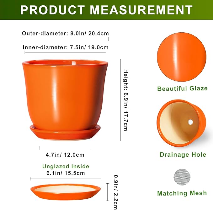Ceramic Planter - 8 Inch Plant Pot with Drainage Hole and Saucer, Modern Planters for Indoor Outdoor Plants, Round Flower Pot, Home Patio Office Decor, House Warming Gifts, Orange SUNPOTFOR