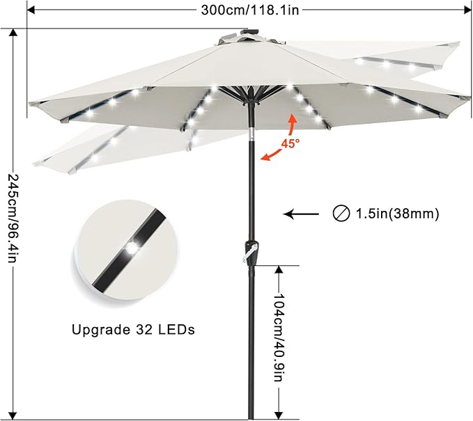 ABCCANOPY 10FT Durable Solar Led Patio Umbrellas with 32LED Lights (Light Beige) ABCCANOPY