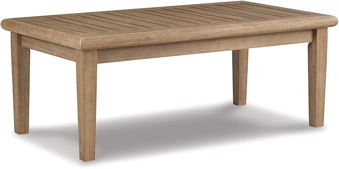 Signature Design by Ashley Gerianne Contemporary Outdoor Rectangular Cocktail Table, Slatted Top Sheds Rainwater, Eucalyptus Wood, 50" W x 26" D x 18.63" H, Beige SignatureDesignbyAshley